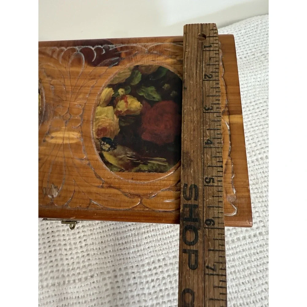 Vtg Wood 1950s Carved Candy‎ Jewelry Box Floral Lid Inset Mirror Dovetailed